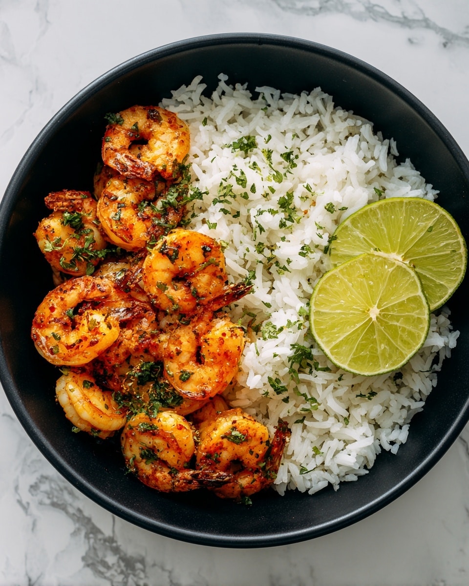 A black bowl contains a dish with two main layers. The bottom layer is white, fluffy rice, filling the bowl almost to the top. On this rice, there is a layer of cooked shrimp, arranged so you see their curled, bright orange bodies with some light charring and specks of green herbs scattered on them. To the right side of the shrimp, two vibrant green half slices of lime rest on the rice. The background shows a white marbled texture. The photo is shot in natural light, giving a fresh and colorful look. Photo taken with an iphone --ar 4:5 --v 7