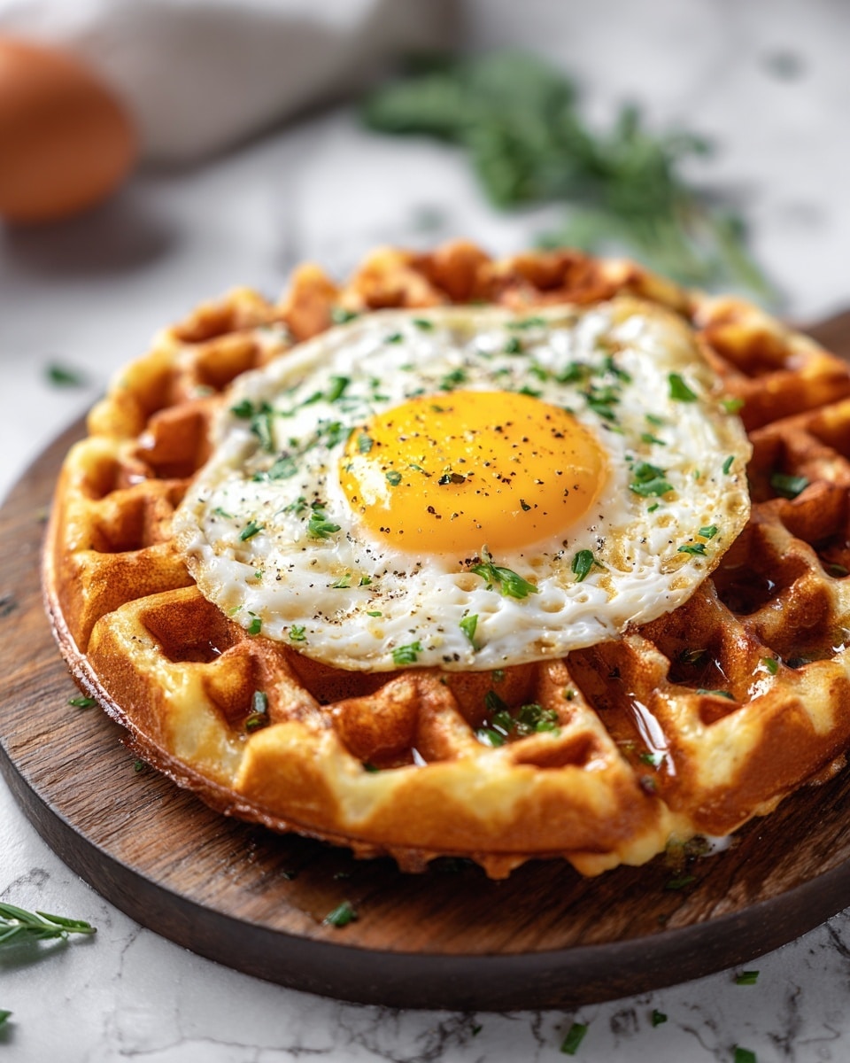 A golden brown waffle sits on a round wooden board with a crispy outside and soft inside texture. On top, there is one sunny-side-up egg with a bright yellow yolk and white edges, sprinkled with small green herb bits and black pepper. The egg is centered and slightly melting onto the waffle, showing some glossy melted butter in the waffle squares. The background shows blurred green leaves and an egg, all on a white marbled texture. photo taken with an iphone --ar 4:5 --v 7