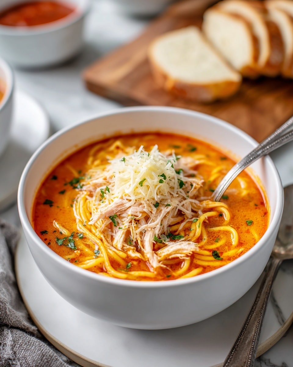 A white bowl filled with a creamy orange-red soup as the base layer, containing curly noodles partly submerged. On top, there is a mound of shredded light beige chicken, sprinkled with bits of chopped dark green herbs. The chicken is crowned with thin, pale shavings of cheese. A silver spoon rests on the right side inside the bowl. In the soft-focused background, slices of bread are arranged on a wooden board and part of a white bowl with more red soup is visible. The scene is set on a white marbled texture. Photo taken with an iphone --ar 4:5 --v 7