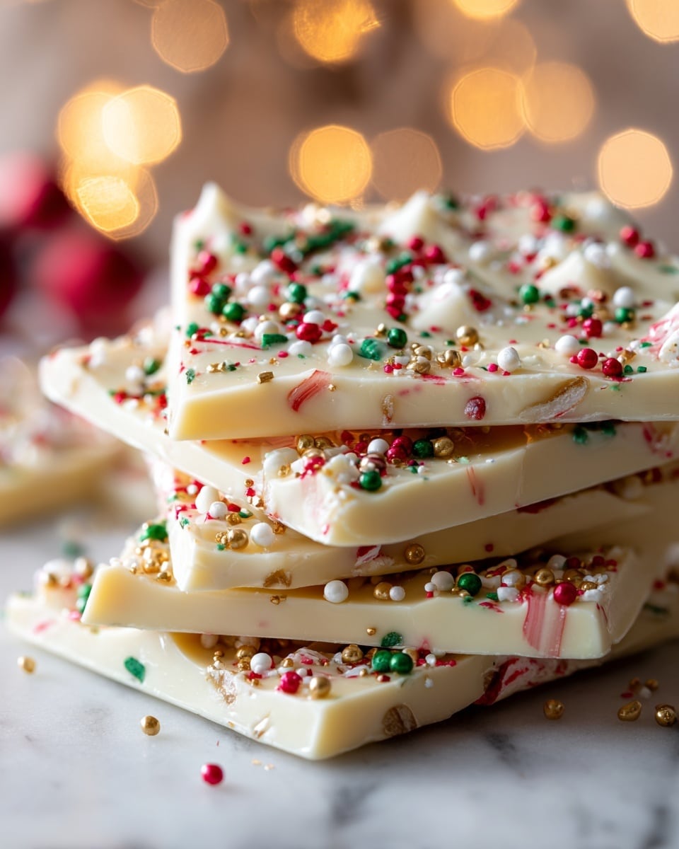 The image shows a close-up view of stacked pieces of white chocolate bark with a smooth, creamy texture. Each piece is thin and rectangular, layered with small, round sprinkles in red, green, white, and gold colors scattered evenly on top, giving a festive look. The layers are slightly angled, showing the edges and thickness of the chocolate. The background is softly blurred with warm lights creating a cozy and bright atmosphere against a white marbled texture surface. photo taken with an iphone --ar 4:5 --v 7