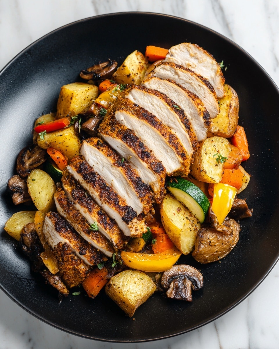 The dish shows a black plate filled with a bed of roasted vegetables at the bottom, including golden brown potato slices, orange carrot chunks, yellow bell pepper pieces, green zucchini, and dark brown mushrooms, all with a slightly glossy, seasoned texture. On top, there are several thick slices of grilled chicken breast, browned and charred on the outside, arranged in a slight fan shape, showing the juicy white interior. The plate is set on a white marbled surface. photo taken with an iphone --ar 4:5 --v 7