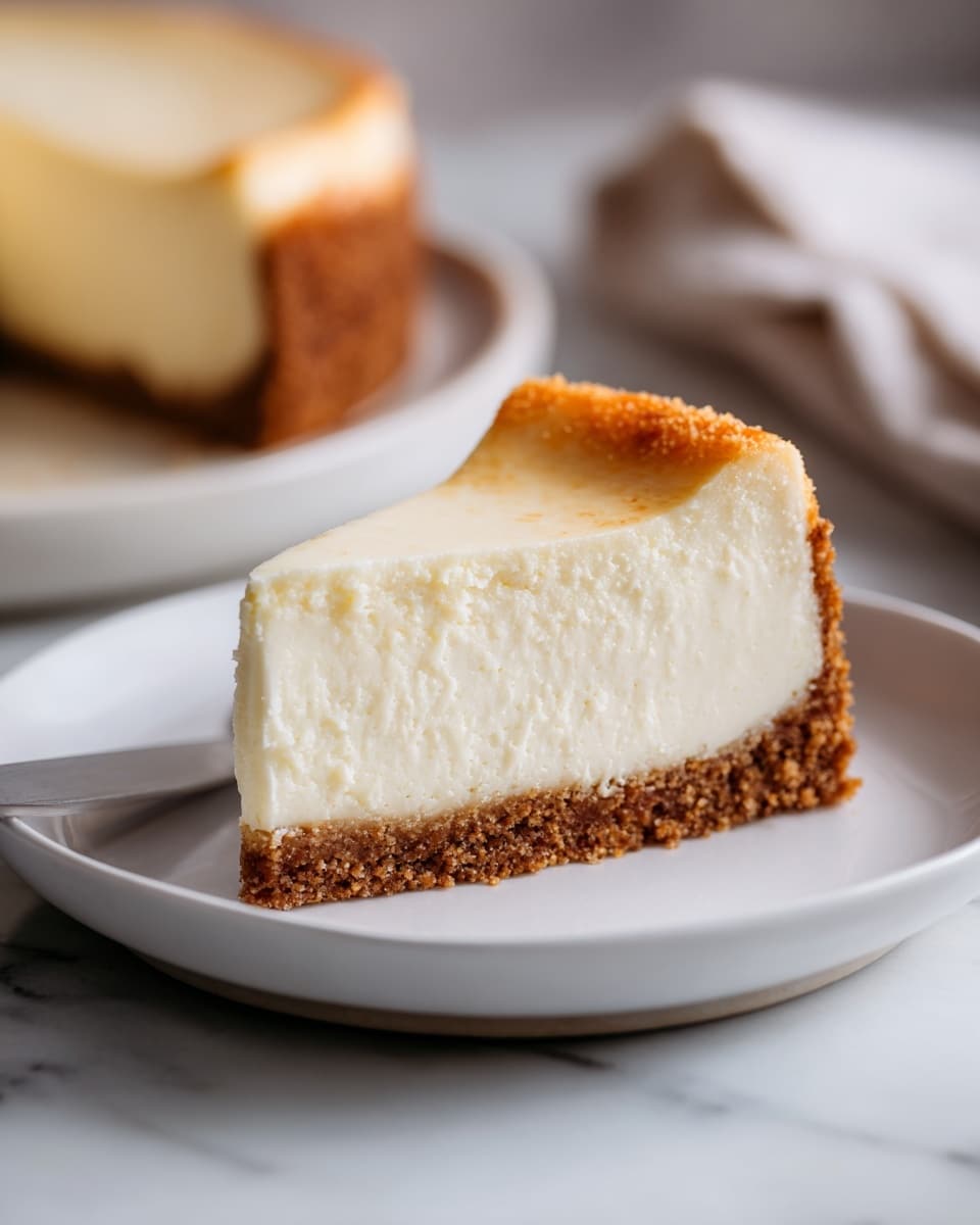 A thick slice of cheesecake sits on a white plate, showing three clear layers: a crumbly, brown bottom crust; a thick, smooth, creamy white middle layer; and a slightly browned, soft top layer with a textured edge. The background features a softly blurred whole cheesecake on a white marbled surface, and a woman’s hand is not visible. The scene is softly lit and simple. photo taken with an iphone --ar 4:5 --v 7