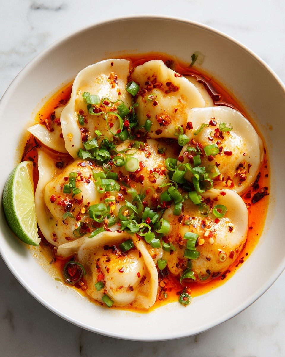 The image shows a close-up of a white bowl filled with several dumplings covered in a rich, orange-red chili oil sauce. Each dumpling has a soft, smooth, light beige skin that looks tender and slightly translucent, revealing some filling inside. The dumplings are topped with bright green chopped scallions and sprinkled with red chili flakes, adding a vibrant contrast of colors. A fresh green lime wedge is placed at the edge of the bowl. The dish sits on a white marbled surface. Photo taken with an iphone --ar 4:5 --v 7