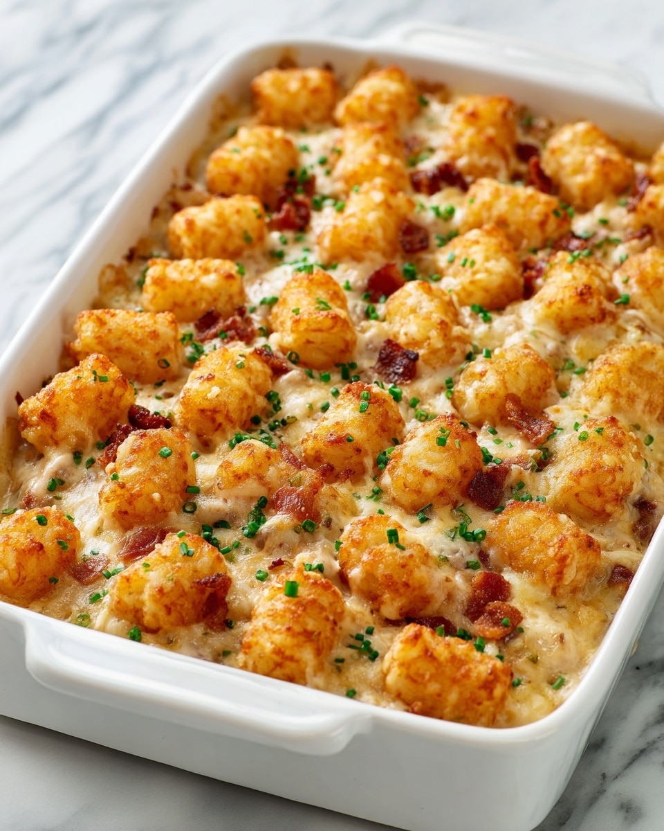 A white rectangular baking dish filled with a layered casserole featuring a golden, bubbly top layer of baked tater tots that are crispy and browned in spots. Underneath the tater tots is a creamy, light beige sauce mixed with chunks of white chicken meat and bits of crispy bacon. Small green herb sprinkles are scattered evenly over the top, adding a touch of color contrast. The dish sits on a white marbled surface. Photo taken with an iphone --ar 4:5 --v 7