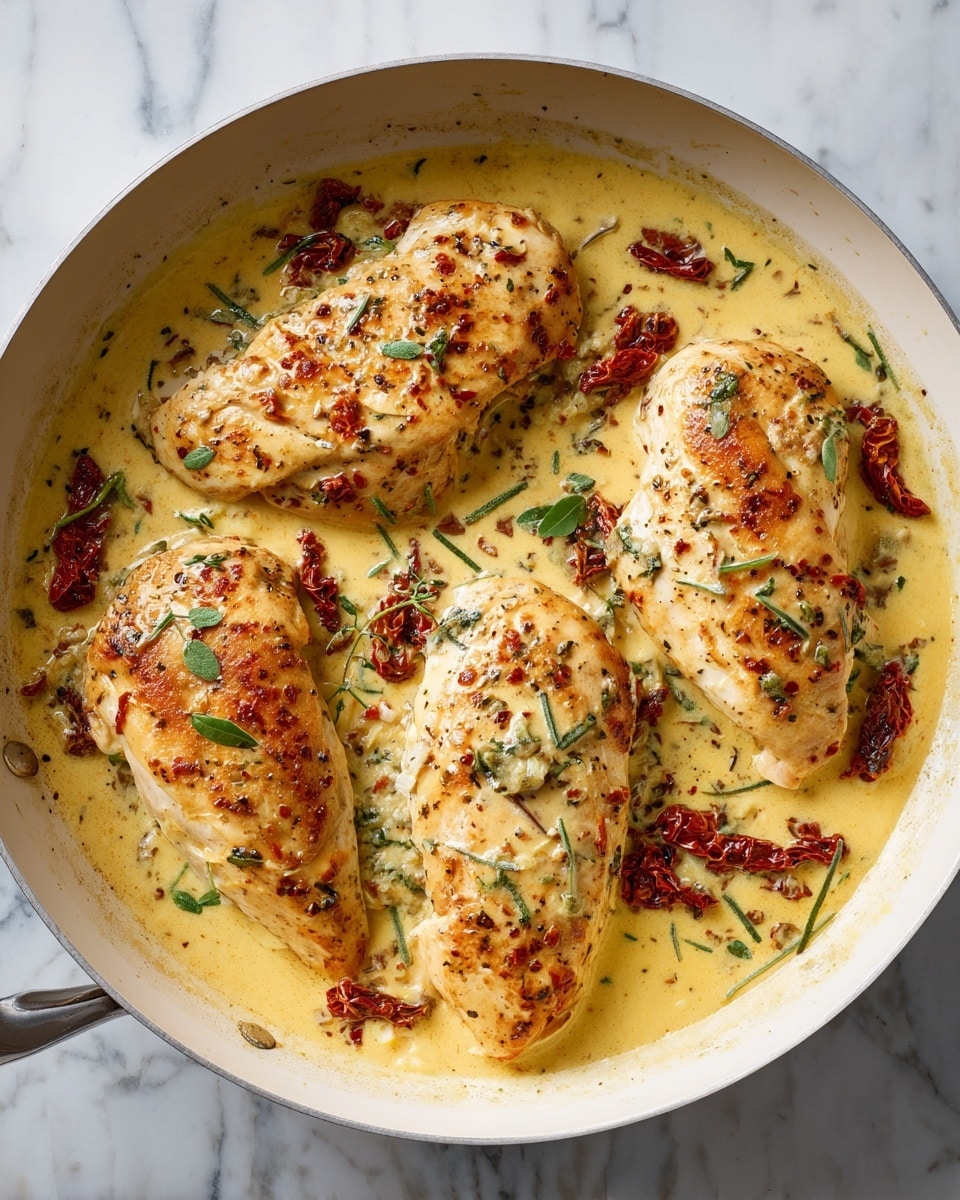 The image shows four cooked chicken breasts in a creamy yellow sauce with a smooth, thick texture filling a white pan. The chicken pieces are light golden brown with small green leaves and scattered chunks of red sun-dried tomatoes on and around them. The sauce has visible herbs and spices mixed in, giving it a slightly speckled look. The red tomatoes contrast with the creamy sauce and the light chicken, creating a colorful and rich dish. The background is a white marbled texture. photo taken with an iphone --ar 4:5 --v 7