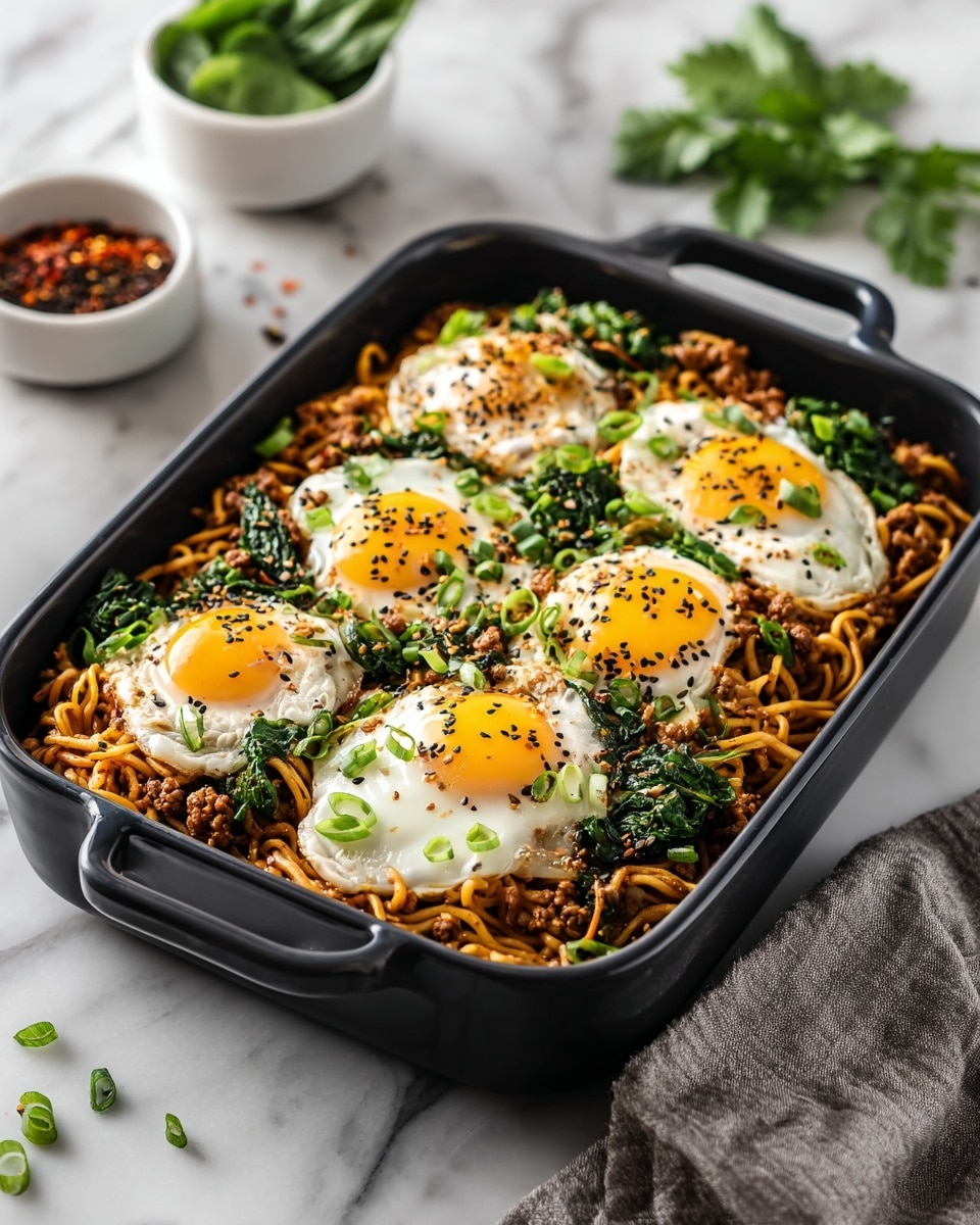 The image shows a black baking dish filled with a colorful layered meal. The bottom layer is golden brown cooked noodles mixed with small bits of cooked ground meat and thin orange carrot strips. On top of this is a layer of bright green leafy vegetables scattered throughout. Four sunny-side-up eggs with bright yellow yolks and slightly cooked whites are evenly placed on top, each sprinkled with black sesame seeds. Finely chopped green onions and more black sesame seeds are spread across the eggs and the dish. The dish is set on a white marbled surface with a gray cloth beside it and small white bowls holding fresh green leaves and red spice visible in the background. Photo taken with an iphone --ar 4:5 --v 7