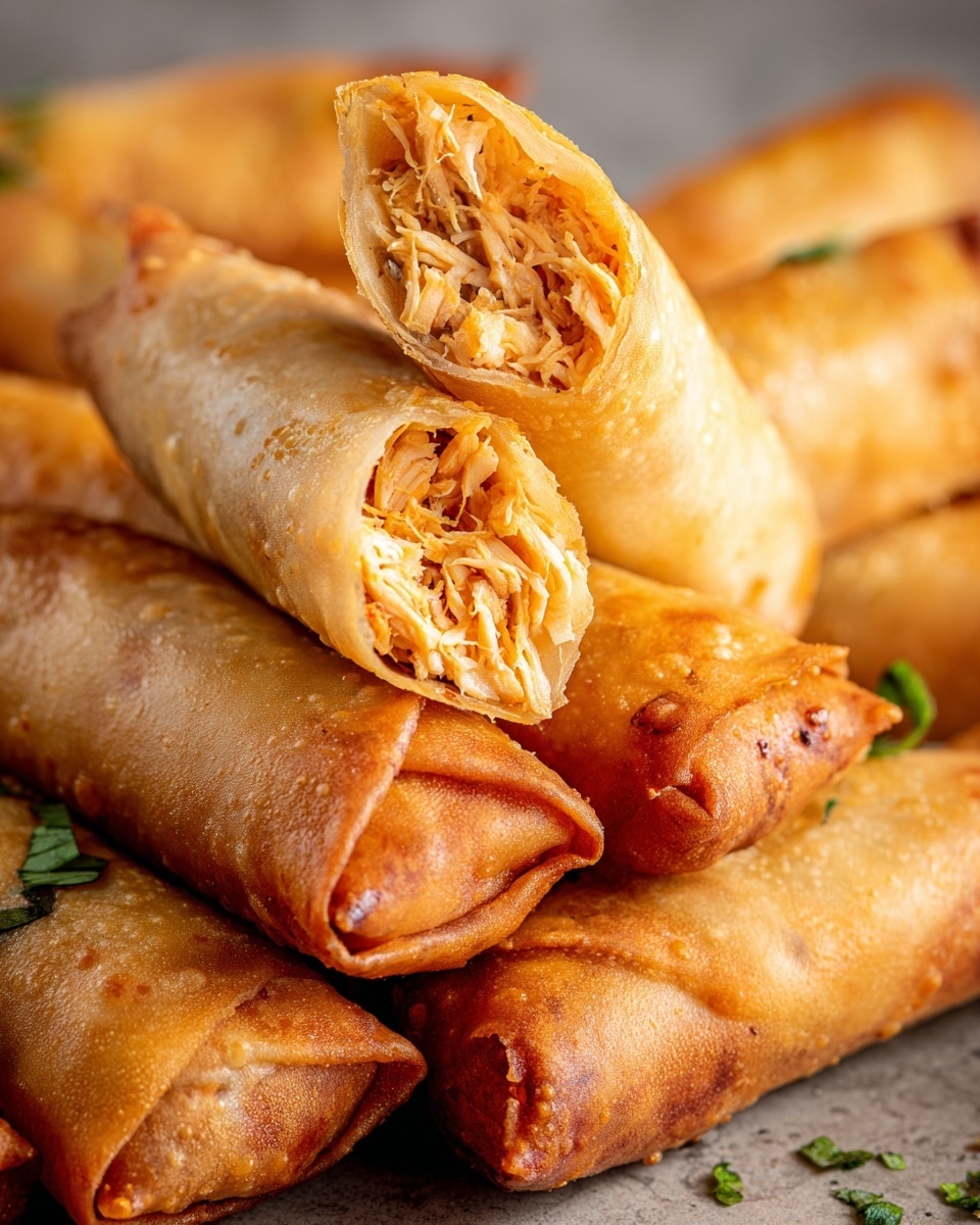 The image shows a pile of golden brown, crispy spring rolls with a close-up of one spring roll cut in half at the center front. The spring rolls have a bubbly, crunchy texture on their surface, and the inside is filled with shredded orange and white chicken mixed with small bits of sauce. The spring rolls are stacked in a slightly messy way on a white marbled surface, and small green bits of garnish can be seen in the background. The photo captures the warm color and crunchy texture of the spring rolls very clearly. photo taken with an iphone --ar 4:5 --v 7