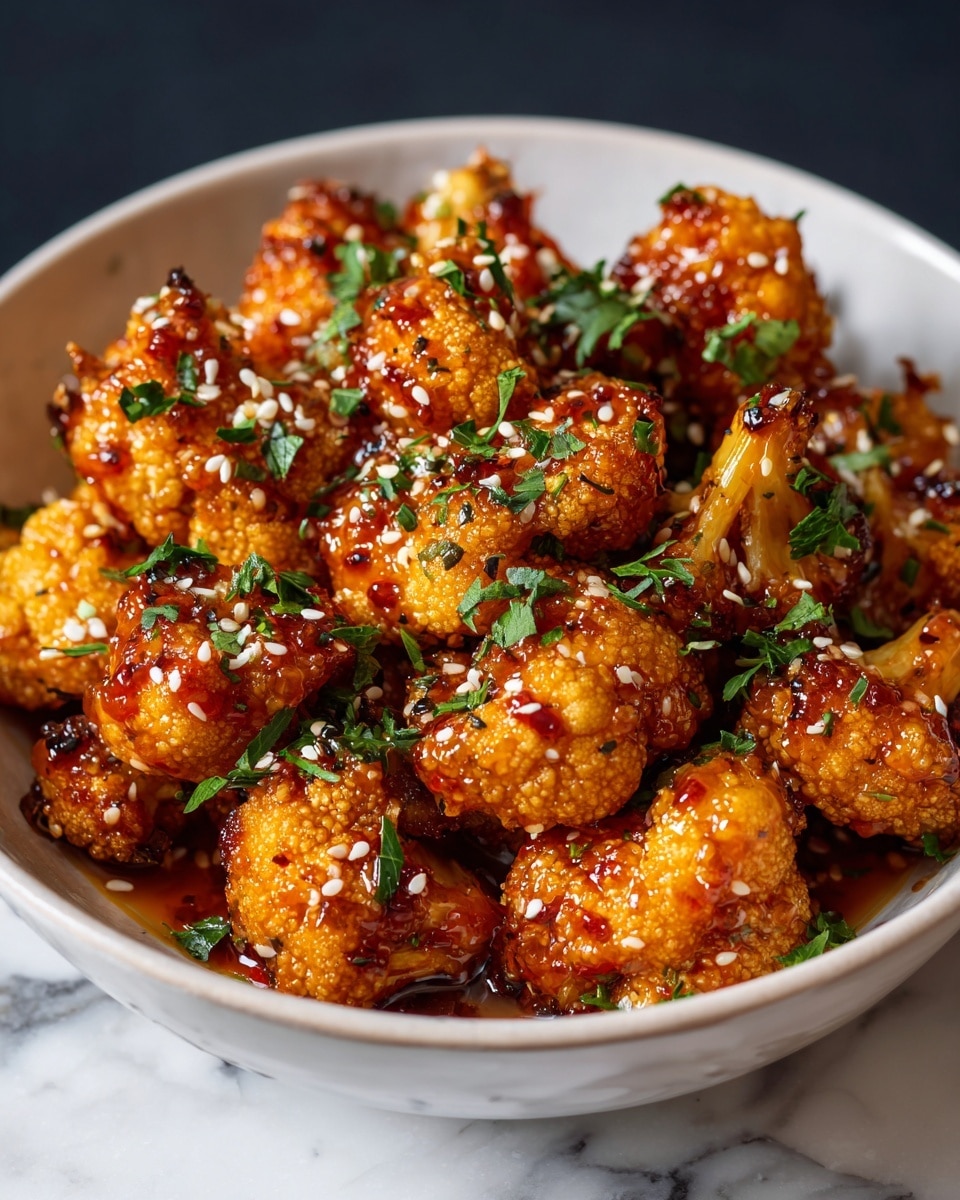 A white bowl filled with multiple pieces of golden-brown roasted cauliflower that have a slightly crispy texture with shiny caramelized edges. The cauliflower is coated with a sticky, reddish-brown sauce which gives a glossy look. Scattered evenly over the top are small white sesame seeds and fresh green chopped herbs that add a bright color contrast. The bowl sits on a white marbled surface with a dark blurred background, highlighting the warm tones of the dish. photo taken with an iphone --ar 4:5 --v 7