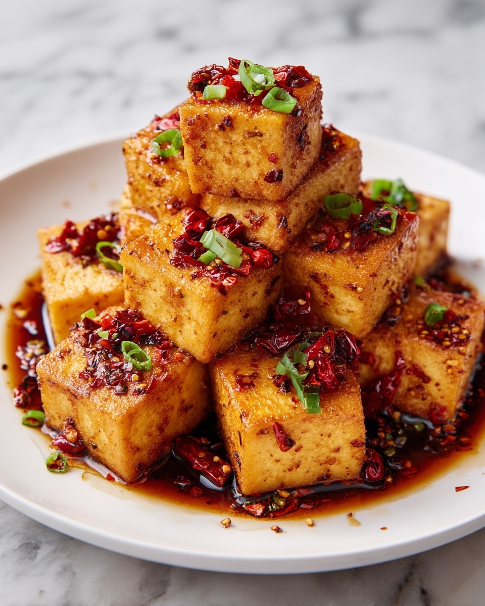 The image shows several golden-brown tofu cubes arranged closely in a round white bowl. Each tofu piece looks crispy on the outside with a shiny glaze from a sticky sauce, which pools slightly at the bottom of the bowl. Small bits of red chili flakes and finely chopped green herbs are sprinkled over the tofu, adding pops of red and green color. Thinly sliced green onion curls rest on top as a fresh garnish. The bowl sits on a white marbled surface, making the warm tones of the tofu stand out. Photo taken with an iphone --ar 4:5 --v 7