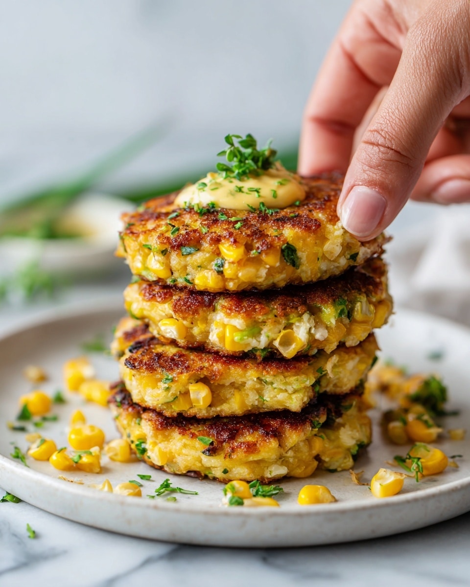 A stack of six golden brown corn fritters with crispy edges sits on a white marbled surface. Each fritter shows bright yellow corn kernels and green flecks of herbs or veggies inside. The top fritter is garnished with a small green parsley leaf and a few loose corn kernels scattered around the base of the stack. The texture looks crunchy outside and soft inside, with a warm, inviting color. photo taken with an iphone --ar 4:5 --v 7