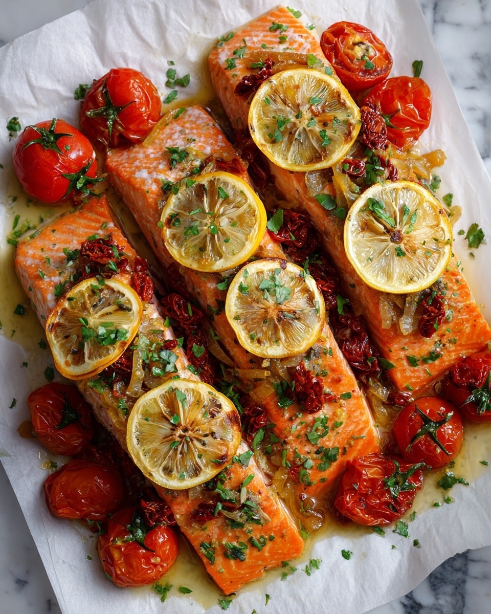 The image shows three thick, bright orange salmon fillets laid side by side on white parchment paper, resting on a white marbled surface. Each fillet is topped with thin, grilled lemon slices that have light brown char marks and fresh green herbs sprinkled over them. Around and on top of the salmon, there are whole cherry tomatoes that are shiny and bright red, along with sautéed pieces of browned onion and bits of sun-dried tomatoes adding texture. The whole dish is bathed in a light, glossy oil with herbs visible in the mix, giving it a fresh and juicy look. photo taken with an iphone --ar 4:5 --v 7