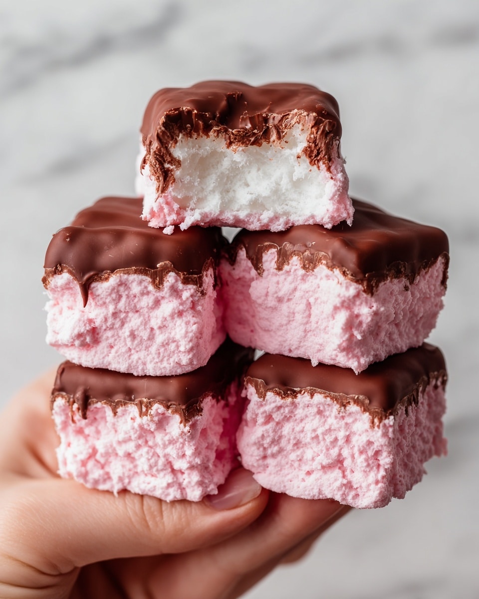 A close-up view of several square-shaped treats layered with a soft pink, fluffy marshmallow center and dipped halfway in a smooth, glossy layer of milk chocolate. The pink marshmallow inside is airy and textured, with some pieces showing the bitten or broken edges revealing the soft interior. The chocolate coating is thick and creamy with slight ripples and a shiny finish. The treats are stacked loosely and held gently by a woman's hand against a white marbled background. photo taken with an iphone --ar 4:5 --v 7