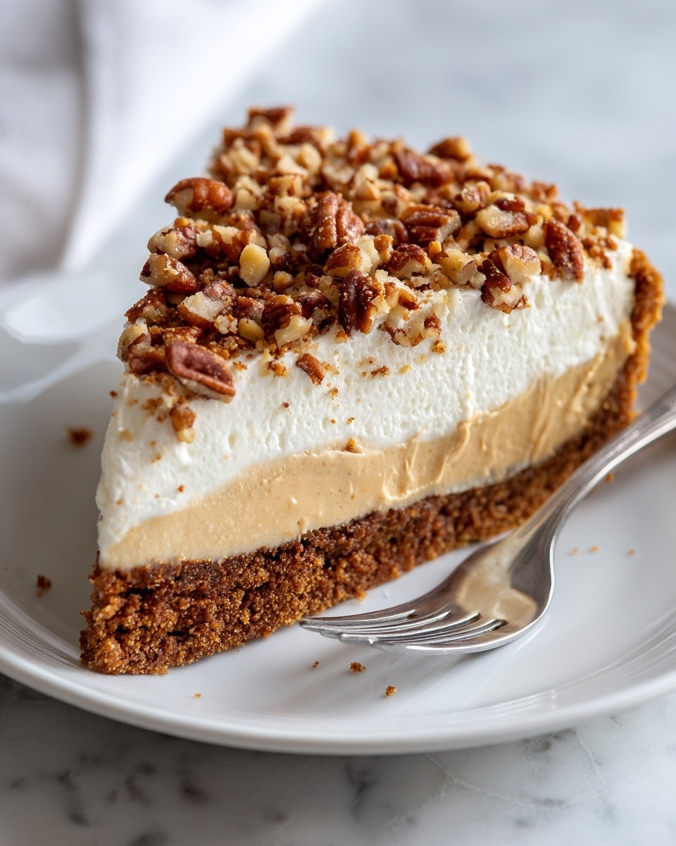 A slice of pie with three visible layers sits on a white plate placed on a white marbled surface. The bottom layer is a thick, crumbly brown crust. Above it is a smooth, light brown creamy filling. The top layer is a thick, fluffy white cream, covered with roughly chopped pecans and small crumbles of the brown crust, giving a textured look on the surface. A silver fork rests on the right side of the plate. photo taken with an iphone --ar 4:5 --v 7