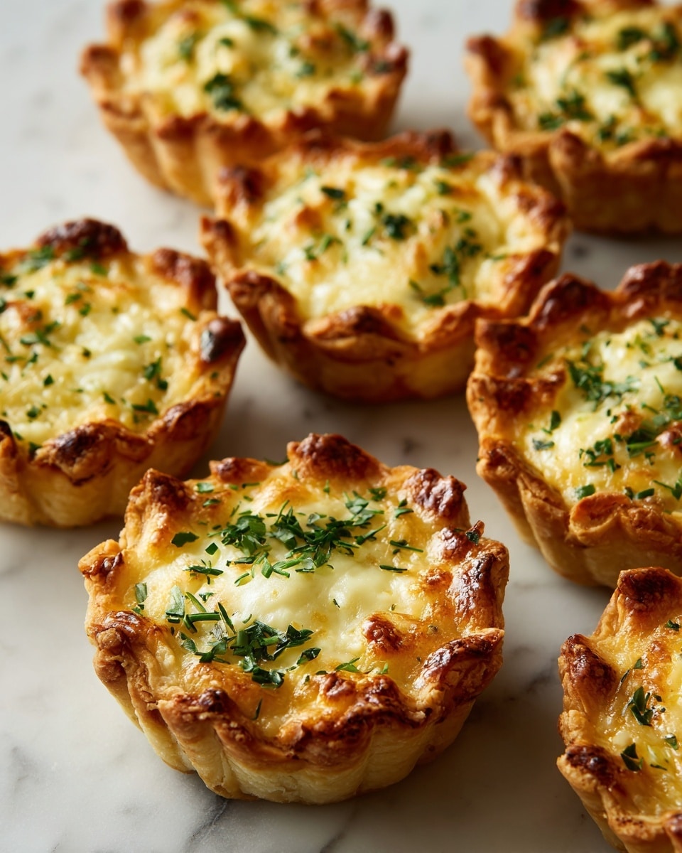 The image shows a group of small tartlets placed closely together on a white marbled surface. Each tartlet has a golden-brown, crispy outer crust that is thick and ridged. Inside, the filling is creamy yellow with melted cheese on top, slightly browned from baking. Scattered green herbs are sprinkled over the cheese, adding a fresh touch. The texture of the filling looks smooth with some bubbly spots where the cheese has melted and browned. Photo taken with an iphone --ar 4:5 --v 7