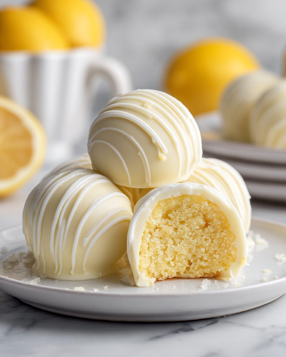 The image shows three small round dessert balls on a white plate, each covered in smooth, white chocolate with thin stripes of white chocolate drizzled over them. One dessert ball is cut in half, revealing a dense, creamy, light yellow filling inside. The plate sits on a white marbled surface, and in the background, there are blurred yellow objects that look like lemons. photo taken with an iphone --ar 4:5 --v 7