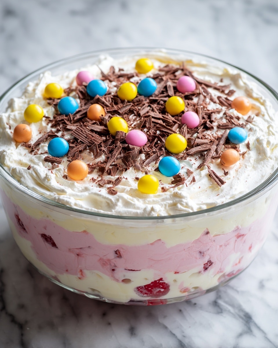 A large clear glass bowl filled with three visible layers: the bottom layer is light pink with small red fruit pieces, the middle layer is creamy white with soft texture, and the top layer is smooth whipped cream covering the whole surface. On top, colorful small round candies in bright yellow, blue, pink, and orange are scattered, with thin chocolate shavings spread all around the candies. The bowl is placed on a white marbled surface. Photo taken with an iphone --ar 4:5 --v 7