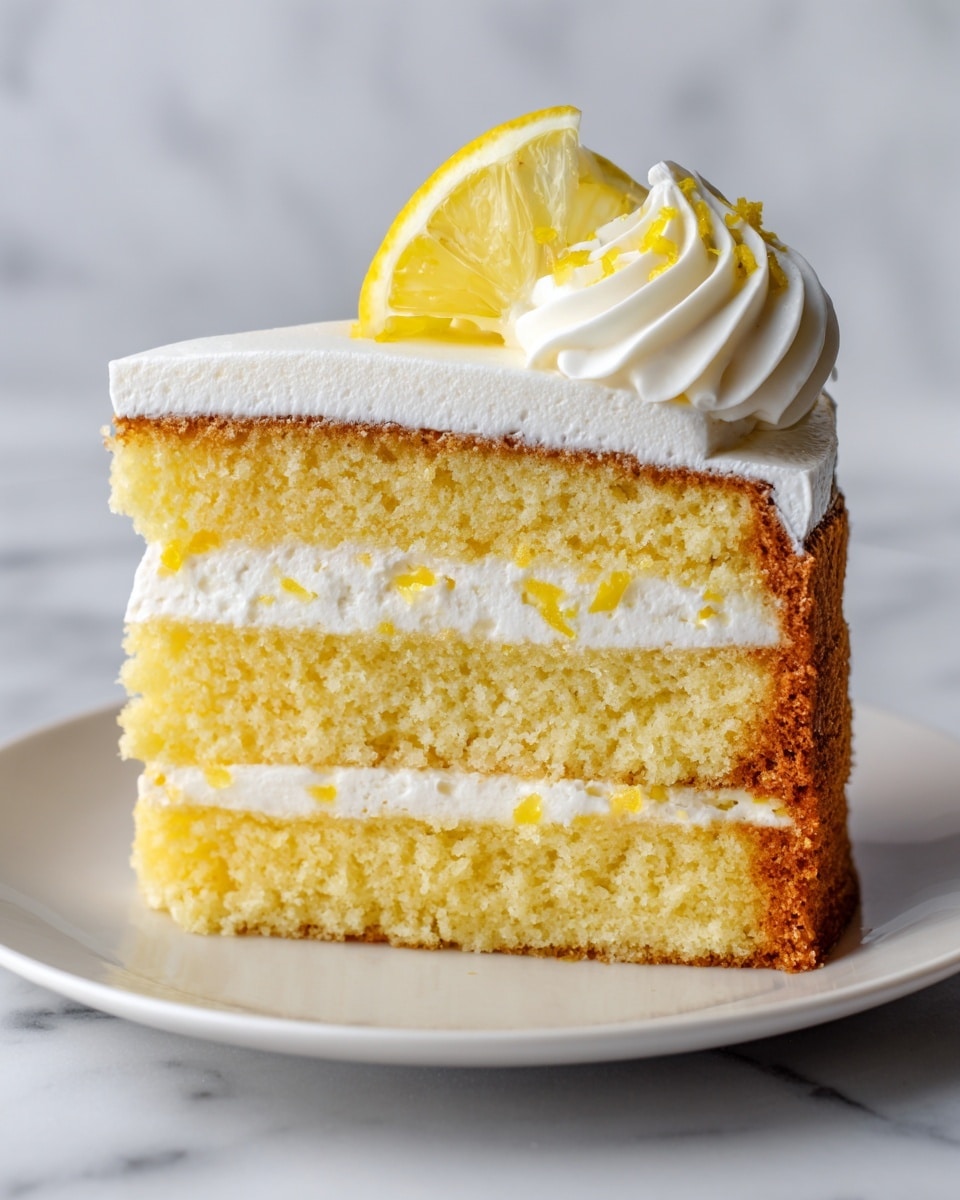 A three-layer lemon dessert is shown on a round white plate, placed on a white marbled surface. The bottom layer is a soft pale yellow cake, looking moist and spongy. The middle layer is a thick white cream, smooth and fluffy, with small bits of lemon zest visible. The top layer is another pale yellow cake, slightly thinner than the bottom one. On top, there is a swirl of white whipped cream with a small lemon slice decoration. The edges of the dessert are clean and sharp, showing neat layers. Photo taken with an iphone --ar 4:5 --v 7