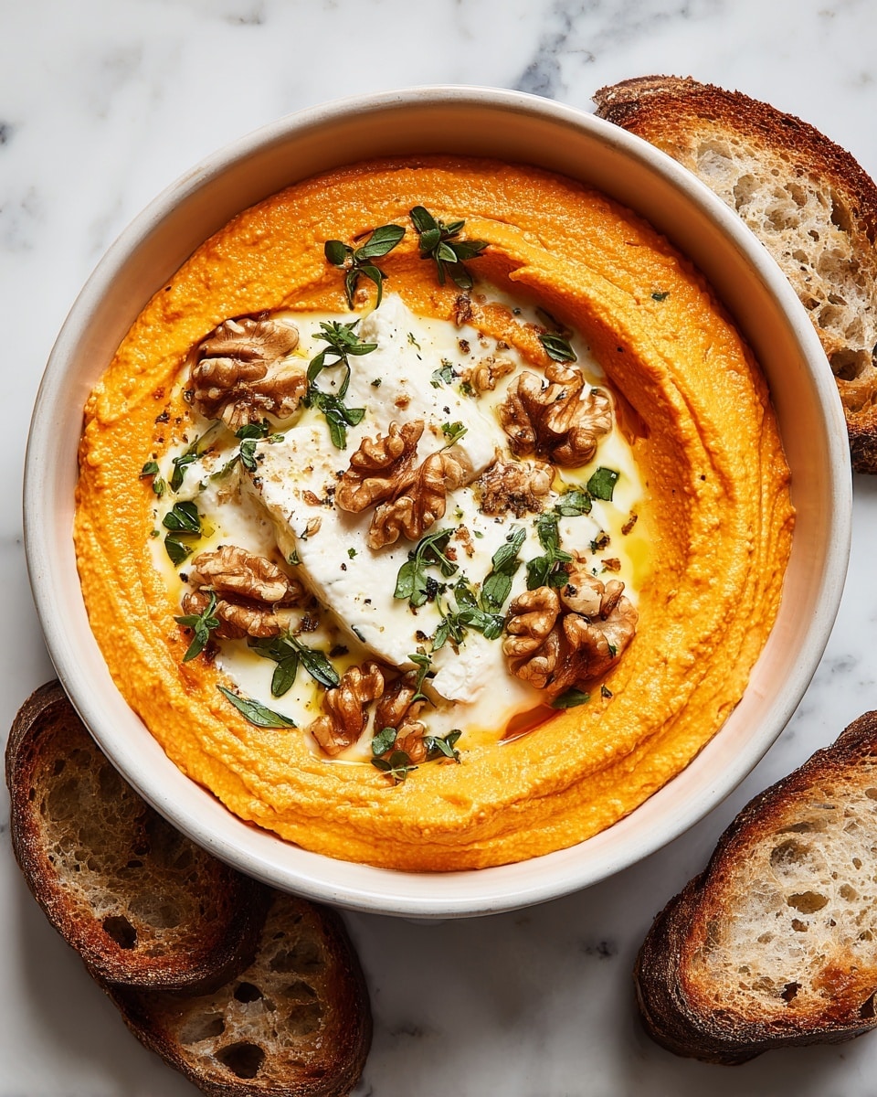 The image shows a white bowl filled with a smooth, creamy orange spread as the first layer, shaped in a circular form with a slight dip in the center. On top, there is a dollop of white creamy cheese, slightly melted and textured. Scattered over the cheese are several whole walnuts with a rough, uneven brown surface. Small green herb leaves are sprinkled all over the dish, adding color contrast. Around the bowl, three slices of bread with a darker crust and soft inside are placed. The entire setup is on a white marbled surface. photo taken with an iphone --ar 4:5 --v 7