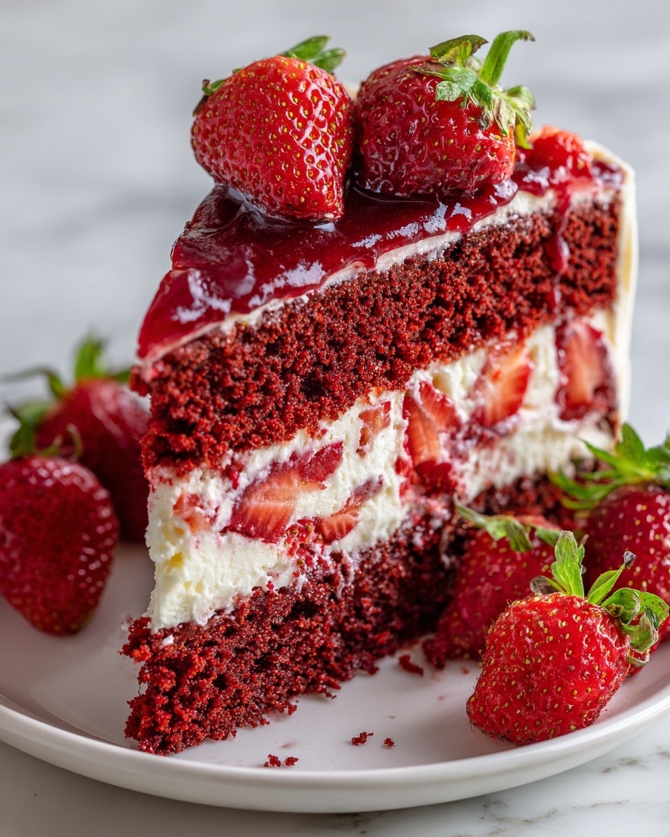 A close-up of a rich red velvet cake slice with three main layers: the top and bottom layers are deep red, moist, and crumbly cake, while the middle layer is thick, creamy white frosting with chunks of fresh red strawberries embedded inside. The top of the cake is covered with a shiny, smooth red glaze that drips slightly over the edges, decorated with whole strawberries that have green leaves attached. The slice sits on a white plate with additional whole strawberries around it, all placed on a white marbled surface. The photo taken with an iphone --ar 4:5 --v 7