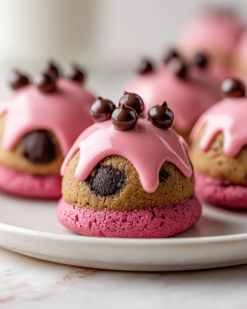 The image shows small round desserts arranged on a white plate set on a white marbled texture. Each dessert has three layers: the bottom layer is a pink, slightly rough-textured base; the middle layer is a light brown cookie dough ball with visible dark chocolate chips inside; the top layer is a smooth, shiny pink glaze dripping down the sides of the cookie dough, topped with several small dark chocolate chips spread over the glaze. The focus is on the front dessert with soft light highlighting its textures and colors. photo taken with an iphone --ar 4:5 --v 7
