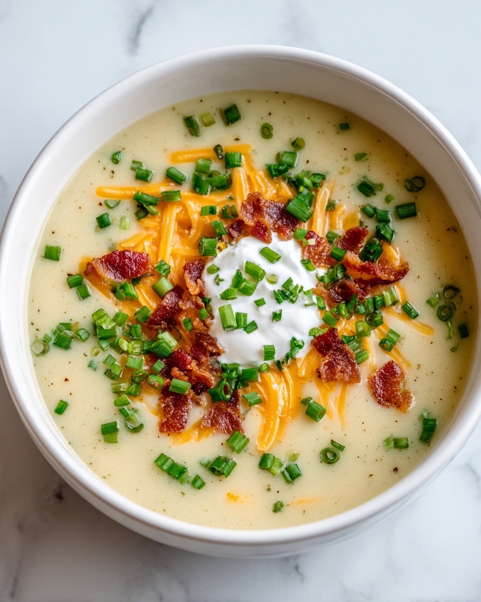 A steaming bowl of creamy potato soup fills a white bowl, the soup itself thick and pale beige with soft, smooth texture. On top, there is a swirl of white sour cream placed in the center. Surrounding it are small, crispy pieces of reddish-brown bacon, thin strips of bright orange cheddar cheese, and vibrant green chopped scallions scattered evenly. The bowl sits on a rustic wooden surface with a small blurred salt bowl and a spoon in the background, the focus on the hot and hearty soup. photo taken with an iphone --ar 4:5 --v 7