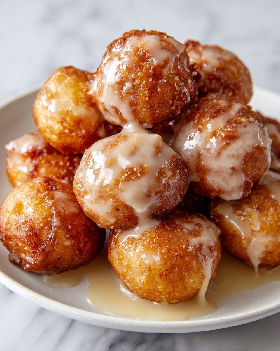 A close-up view of a pile of small, round fritters stacked on a white plate with a gold rim, each fritter having a golden-brown, crispy textured base layer with some rough edges and small bubbles. The top layer is covered with a thick drizzle of creamy white glaze that looks shiny and smooth, slightly dripping down the sides of each fritter. The background shows a white marbled texture that softly contrasts with the warm tones of the fritters. photo taken with an iphone --ar 4:5 --v 7