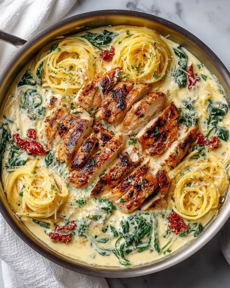 A white pan filled with creamy pasta. The base layer is thick white sauce mixed with green spinach leaves, creating a creamy and leafy texture. On top of the sauce, there are several twirls of light yellow spaghetti noodles, mixed with small bits of red sun-dried tomatoes scattered around. The top layers consist of sliced grilled chicken breasts with a brown, slightly crispy texture placed on different parts of the pasta. The dish is sprinkled with finely grated white cheese and specks of green herbs, adding a fresh look. The pan is placed on a white marbled surface with some fresh green herbs nearby. Photo taken with an iphone --ar 4:5 --v 7