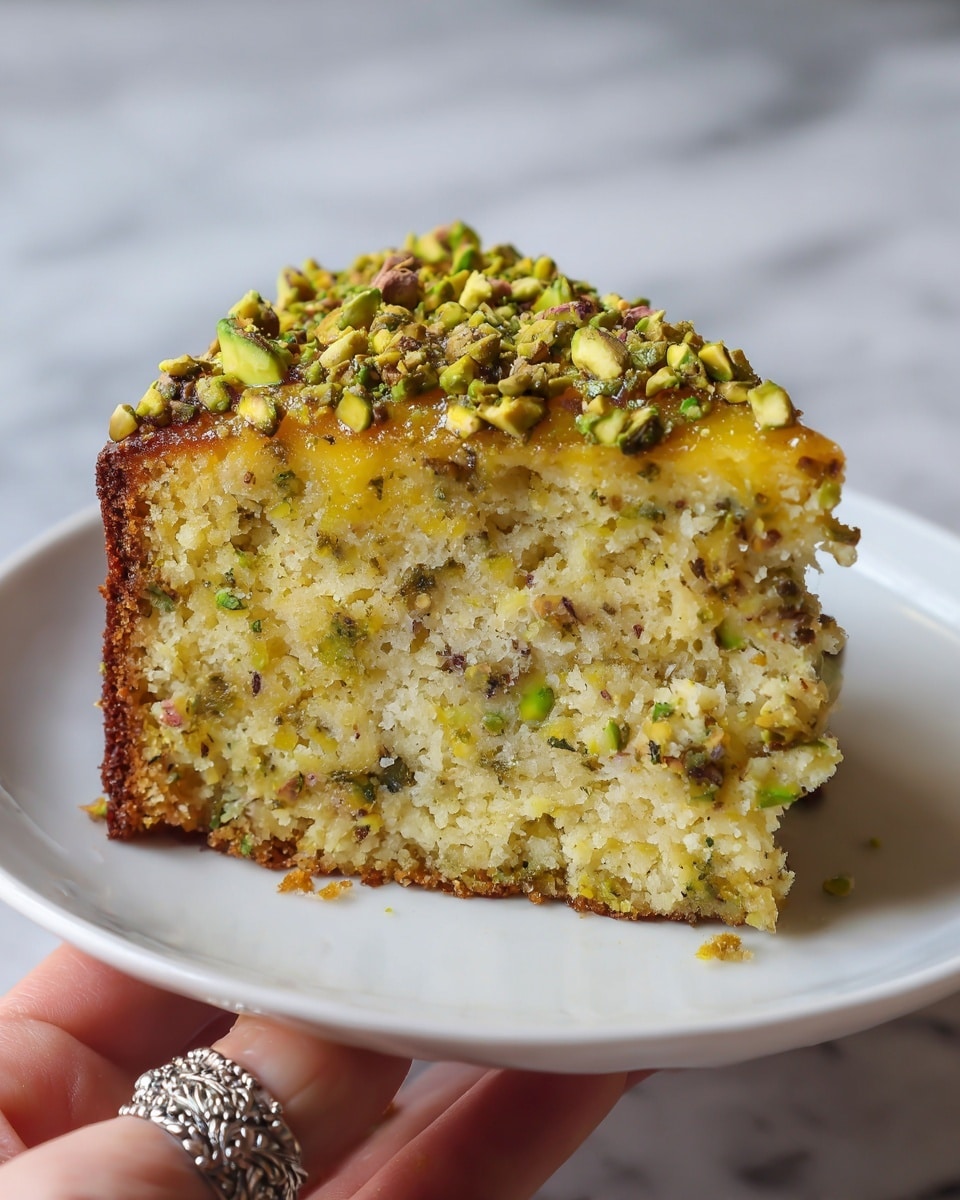 The image shows a thick slice of flourless lemon pistachio cake on a white plate with a small amount of syrup around the base. The cake has three visible layers: a golden-yellow moist center with specks of pistachio nuts inside, a darker golden-brown crust around the sides, and a glossy, slightly translucent lemon glaze on top sprinkled generously with chopped green pistachios. The texture of the cake looks soft and crumbly inside, with a slightly crisp outer edge. The setting includes a white marbled surface as background. Photo taken with an iphone --ar 4:5 --v 7