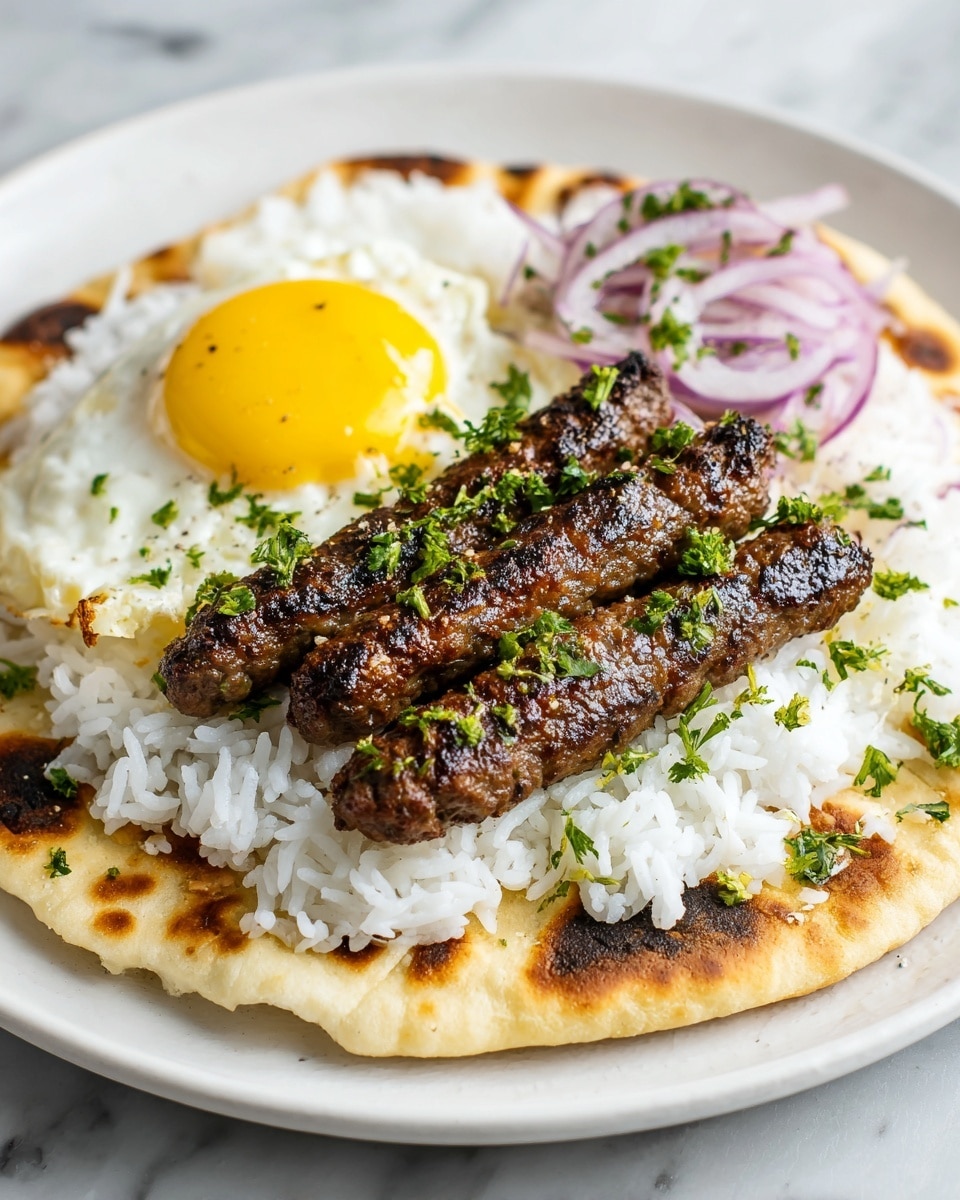 The dish shows three grilled kebabs placed horizontally on a base of white, fluffy rice, which sits on a layer of lightly toasted flatbread with brown char marks around its edges. The kebabs are dark brown with slightly crispy, textured surfaces, sprinkled with bright green chopped herbs. Behind the kebabs, there is a sunny-side-up egg with a vibrant yellow yolk and white edges, along with slices of purple onion faintly visible. The whole is set on a white plate over a white marbled textured surface. Photo taken with an iphone --ar 4:5 --v 7