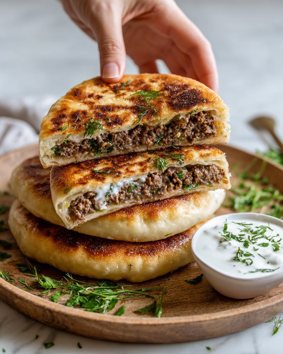 A white wooden plate holds four triangle-shaped stuffed flatbreads stacked unevenly. Each bread has a golden brown, crispy outer layer with a slightly blistered texture, revealing a thick inner dough layer that is soft and light beige in color. Inside, a rich, finely ground brown meat filling mixed with bits of green herbs fills each half. Slightly charred edges meet the filling. Next to the flatbreads is a small white bowl containing a creamy white sauce sprinkled with fresh green herbs. A woman's hand is holding one piece at the top. The background shows a white marbled surface with some parsley scattered around. photo taken with an iphone --ar 4:5 --v 7