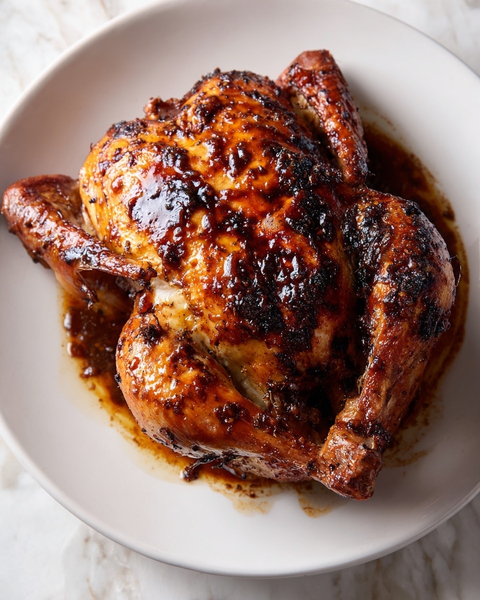 A whole roasted chicken with a shiny, golden-brown skin covered in a dark, glossy glaze sits centered on a large white plate, the chicken’s legs and wings spread out around the plump body, showing a crispy texture with charred spots and a juicy, caramelized surface. The dark glaze pools slightly in some areas, adding a rich contrast to the warm yellow and brown hues of the roasted skin. The edges of the white plate are smooth, and the scene rests on a white marbled texture, highlighting the chicken as the main focus. photo taken with an iphone --ar 4:5 --v 7