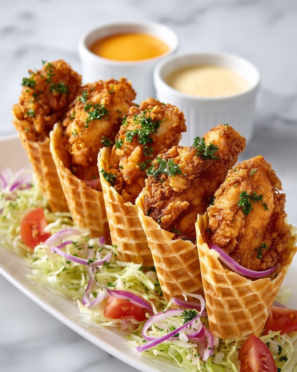 The image shows five golden-brown waffle cones, each filled with crispy fried chicken and melted cheese, lined up in a row on a white plate. The waffle cones have a textured pattern and are sprinkled with finely chopped green herbs on top. Underneath the waffles, there is a bed of shredded pale green lettuce mixed with small pieces of red tomato and thin slices of purple onion. In the background, two white ramekins hold light-colored dipping sauces, one a creamy beige and the other a translucent amber. All elements rest on a white marbled surface. photo taken with an iphone --ar 4:5 --v 7