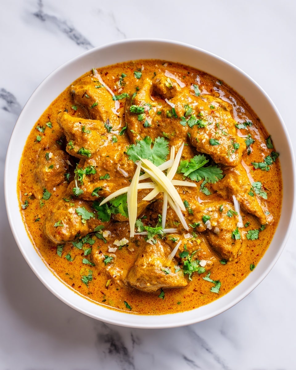 A white round bowl filled with creamy orange curry, with several large pieces of chicken covered in thick sauce and scattered with small green vegetable bits throughout. On top, thin strips of pale yellow ginger and a few fresh green coriander leaves add texture and color contrast. The bowl is placed on a white marbled surface, showing slight reflections and smooth shine. photo taken with an iphone --ar 4:5 --v 7