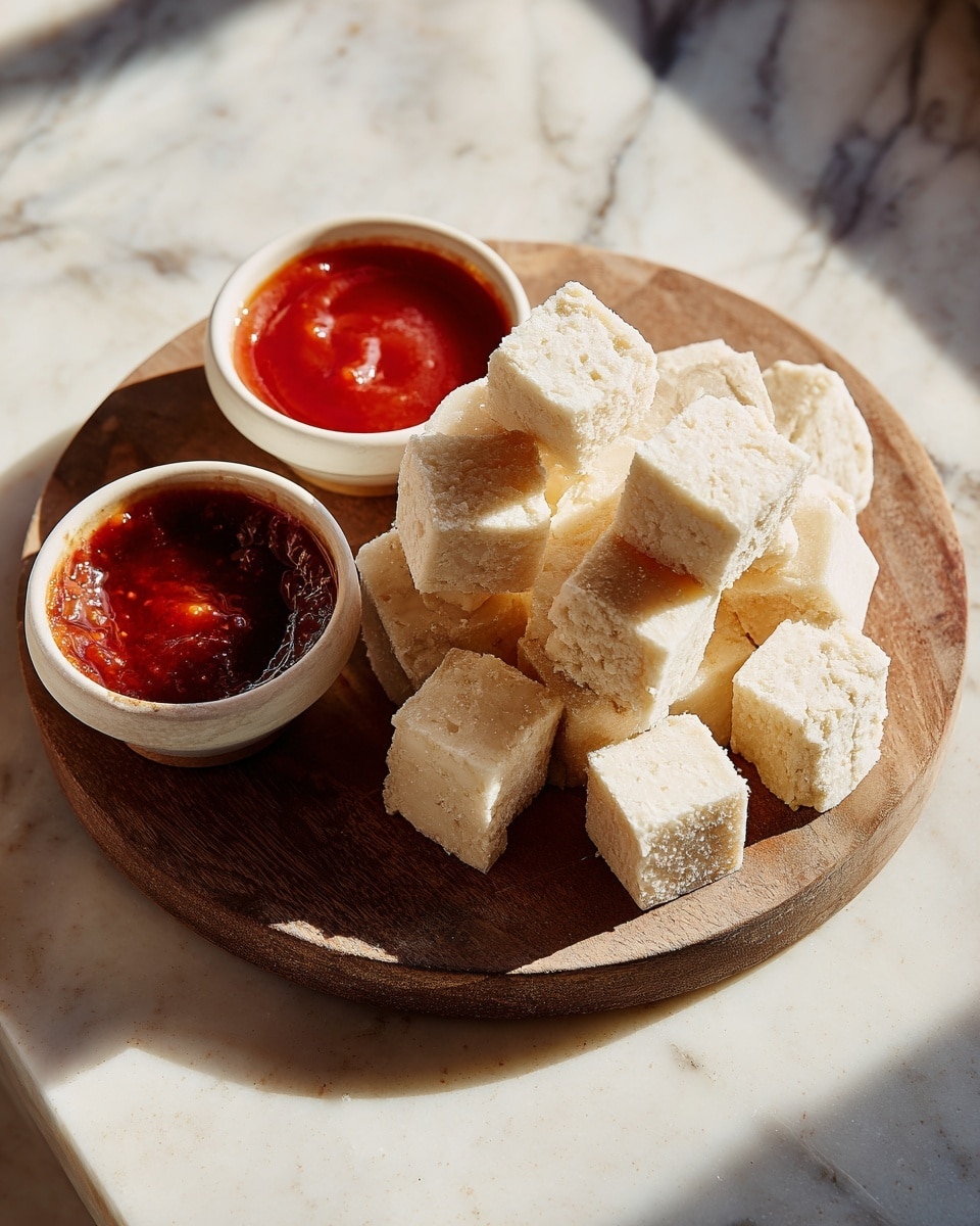 The image shows a wooden round board filled with about twenty small cubes of pale yellow crispy snacks that have a light, rough texture suggesting they are fried or puffed. There are two white bowls of dipping sauces placed nearby on a white marbled surface, one bowl at the bottom left filled with a thin, glossy reddish-orange sauce, and another bowl on the top right with a thicker, textured red sauce containing visible small chunks. The arrangement is neat and bright, with the snacks stacked loosely on the board, showing their angular edges and airy appearance. Photo taken with an iphone --ar 4:5 --v 7