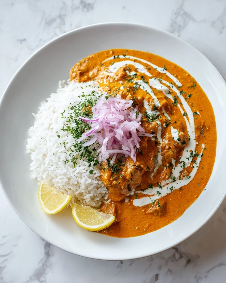A white plate filled with a layer of plain white rice along the edges, inside which is a thick layer of orange-brown curry with visible texture of cooked spices and herbs, topped with a swirl of white cream. On top of the curry, there is a small pile of thinly sliced purple onions at the center, and two lemon wedges placed on one side of the plate. Small bits of green herbs are scattered over the curry and cream, adding color contrast. The plate is set on a white marbled surface with a dark cloth partially visible beside it. Photo taken with an iphone --ar 4:5 --v 7