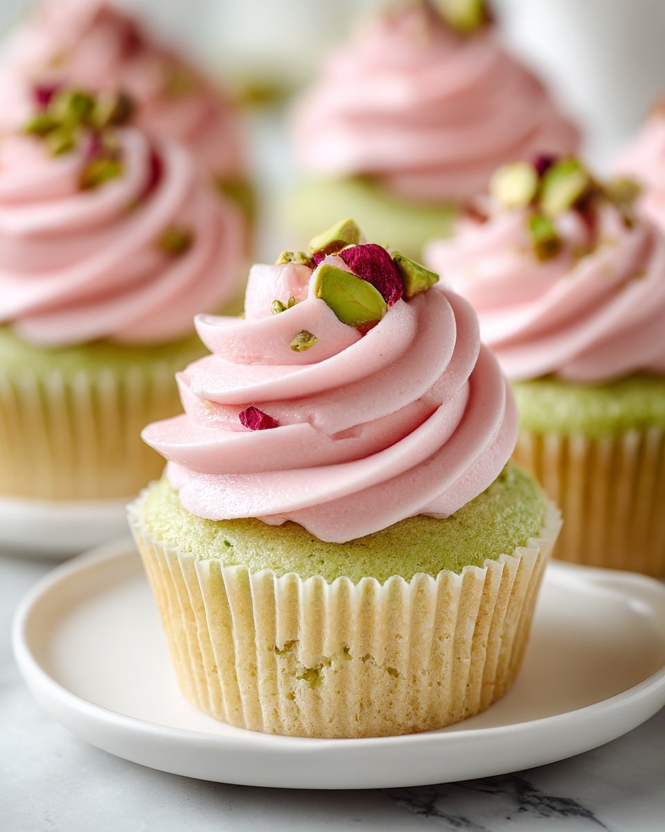 The image shows a close-up of a single cupcake with a green base in a metallic gold wrapper, topped with a swirl of light pink frosting. The frosting is smooth and creamy, decorated with small green pistachio pieces, and crowned with a small red fruit or jam dollop. This cupcake sits on a simple white ceramic plate with a subtle texture, and the background is soft with a white marbled surface. The focus is sharp on the cupcake at the front, while other similar cupcakes blur softly in the background. Photo taken with an iphone --ar 4:5 --v 7