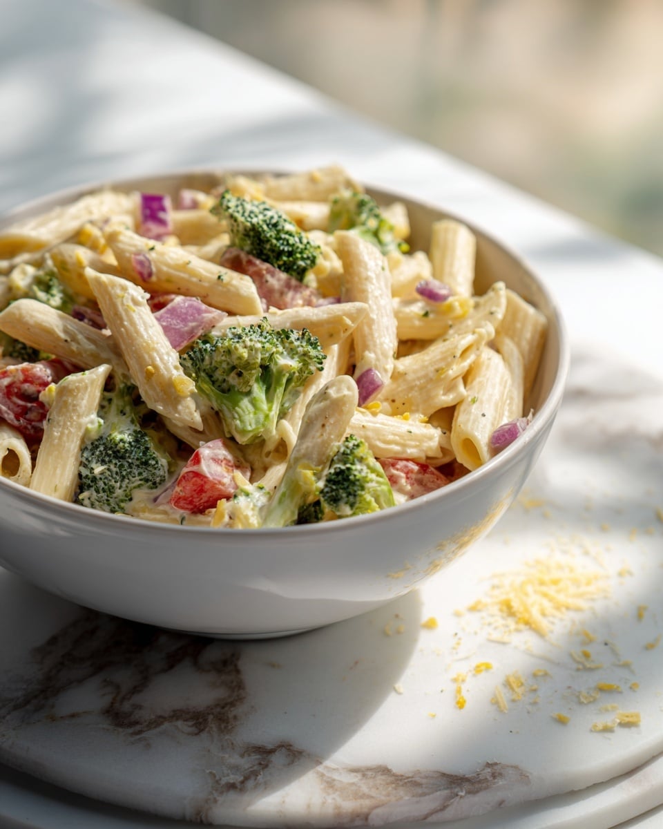 A close-up of a bowl filled with colorful pasta salad resting on a white marbled surface. The bowl is white and wide, showing layers of different ingredients. The base consists of rigatoni pasta in a light cream color. Mixed in are vibrant green broccoli florets and small bright red cherry tomatoes. There are small pieces of purple onion and bits of yellow bell pepper adding more color and texture. The dish looks creamy with a light dressing and some grated cheese sprinkled on top. The background is soft and blurred, focusing on the fresh, rich colors of the salad. Photo taken with an iphone --ar 4:5 --v 7