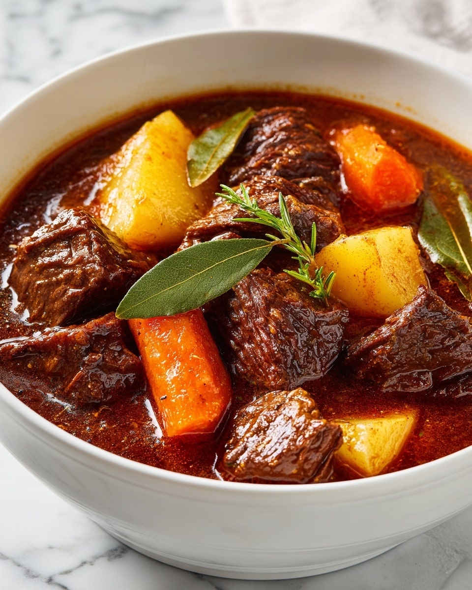 A white bowl filled with a rich beef stew sits on a white marbled surface. The stew has several layers: at the bottom, brownish broth with tender pieces of dark brown beef; above that, large chunks of yellow potatoes and orange carrots, adding color and texture; scattered green herbs and a couple of bay leaves on top finish the dish. The stew looks warm and hearty with a mix of soft and chunky textures. photo taken with an iphone --ar 4:5 --v 7