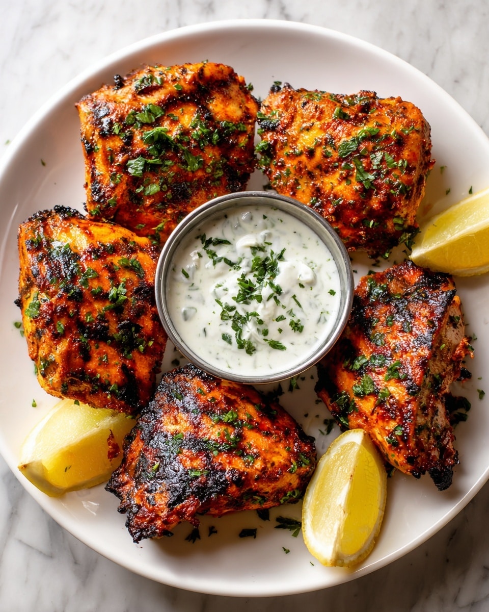 A white plate holds six pieces of roasted chicken with crispy, dark golden skin coated in bright red-orange spices and herbs. The chicken pieces are sprinkled with fresh green chopped cilantro, adding contrast to the rich color. In the center of the plate is a small metal bowl filled with a creamy white sauce garnished with green herbs. Two lemon wedges sit on opposite edges of the plate, adding yellow accents. The plate rests on a white marbled surface. photo taken with an iphone --ar 4:5 --v 7