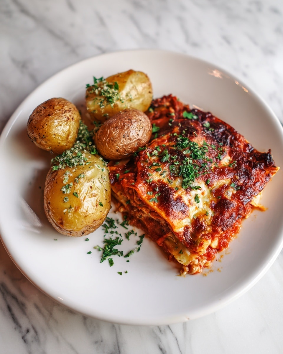 The dish shows two pieces of cooked chicken breast covered with a light layer of melted cheese and herbs, placed on top of a bed of small round golden potatoes sprinkled with chopped green herbs. The food is served on a white plate set against a white marbled surface, with soft lighting that brings out the warm colors of the chicken and potatoes. Photo taken with an iphone --ar 4:5 --v 7