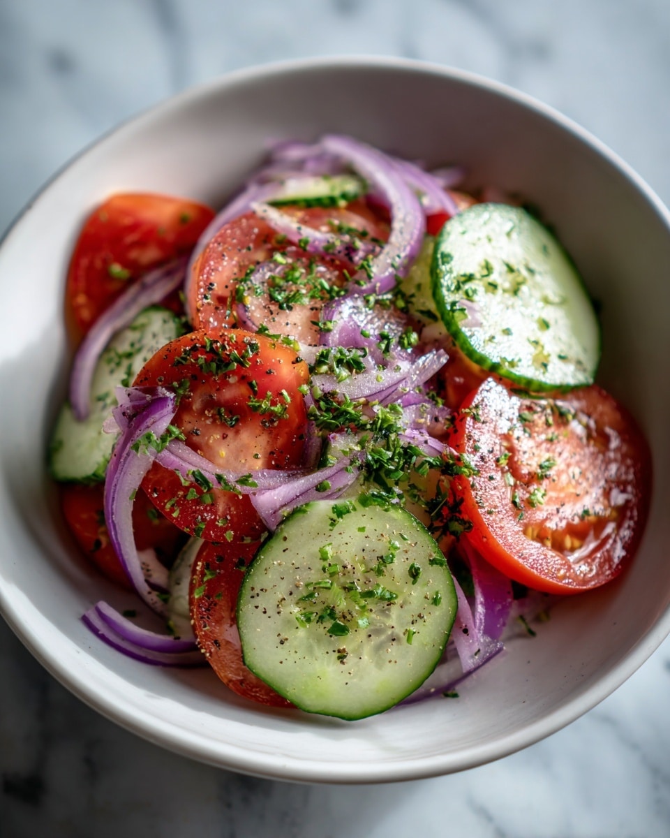 A fresh salad with bright red tomato wedges and thick cucumber slices mixed with thin, curly slices of purple onion, topped with finely chopped green herbs. The vegetables rest on a simple white plate, placed on a white marbled surface, creating a clean and fresh look. The colors are vibrant with the green cucumber, red tomatoes, and purple onions contrasting nicely, all under soft natural light. photo taken with an iphone --ar 4:5 --v 7