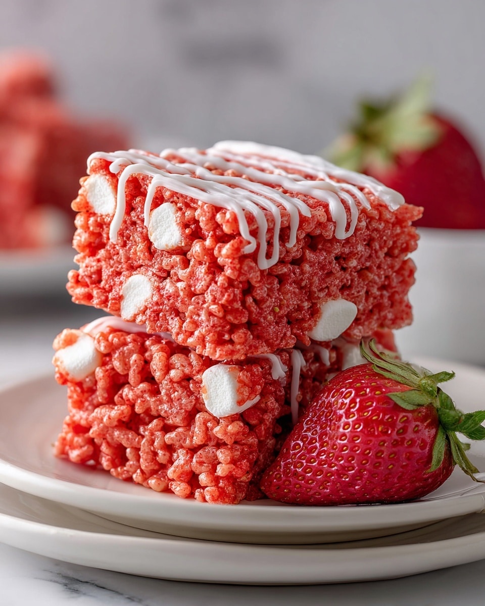Two square-shaped pink treats are stacked on a white plate, each made of crispy puffed rice mixed with white marshmallows. The treats have a sticky, shiny texture with a few white drizzle lines on top. Next to the treats is a halved fresh strawberry showing its bright red inside and green leafy top. The plate sits on a white marbled surface with soft light and a blurred beige cloth in the background. Photo taken with an iphone --ar 4:5 --v 7