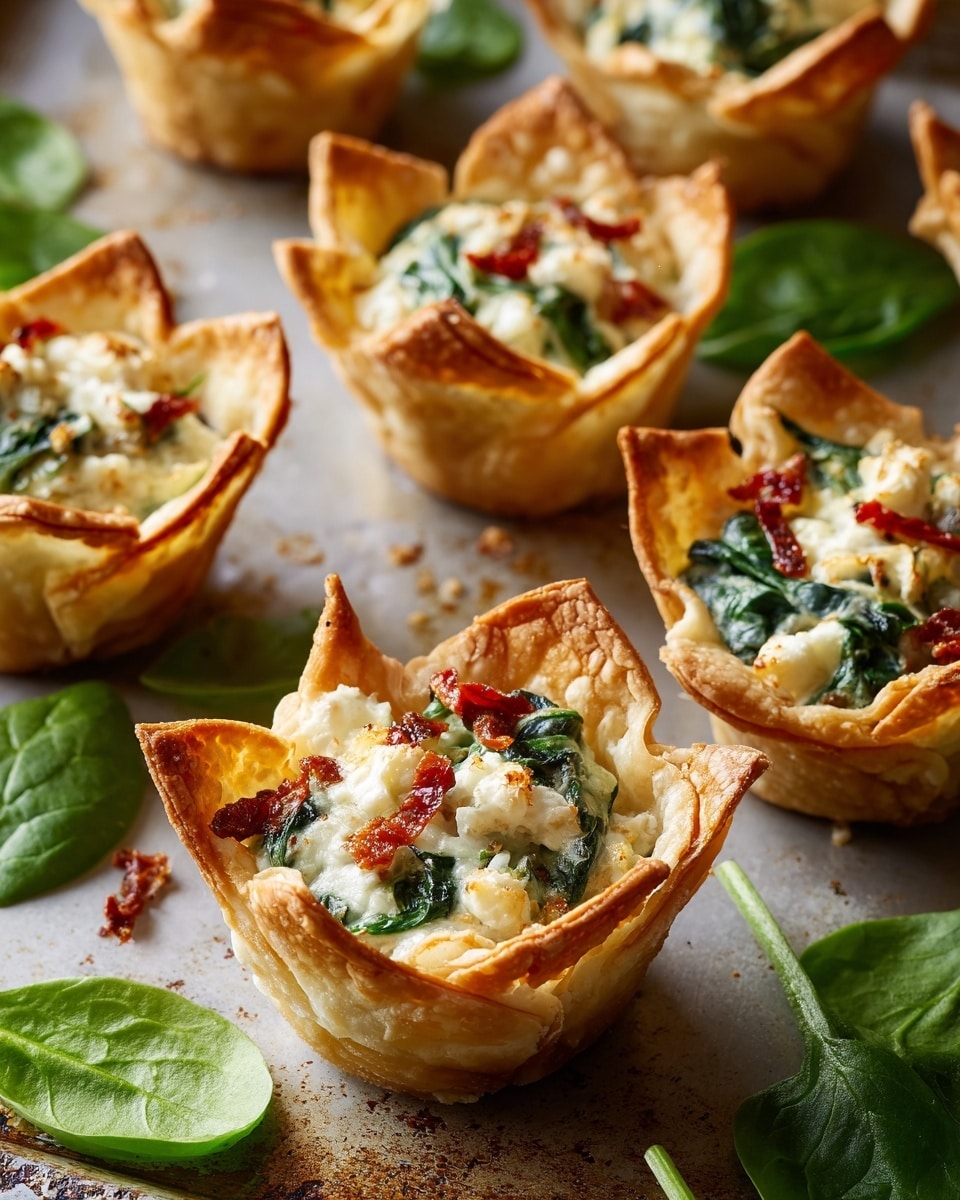 The image shows several small, white filo pastry cups filled with a creamy mixture of spinach and cheese. Each cup has crispy, golden-brown edges that are folded upward, creating a flower-like shape. The filling inside is creamy white with green spinach pieces and bits of red, possibly sun-dried tomatoes, giving a mix of creamy, green, and red colors. Fresh spinach leaves are scattered around the cups on a white marbled surface. Photo taken with an iphone --ar 4:5 --v 7