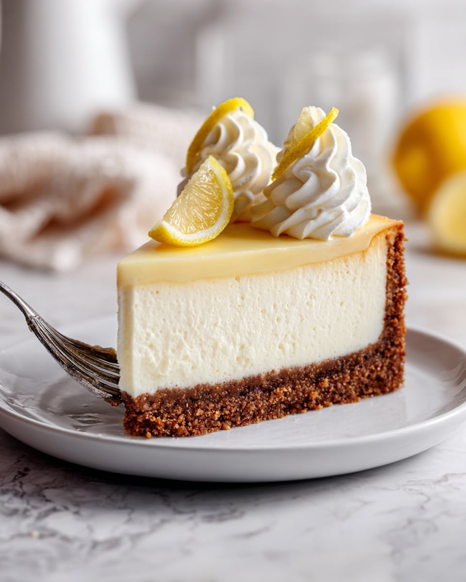 A slice of cheesecake is shown on a white plate with a silver fork resting beside it. The cheesecake has three layers: a thick light brown crumbly crust at the bottom, a large creamy pale yellow middle layer, and a thin glossy top layer. On top, dollops of white whipped cream are placed at the back, with two thin lemon slices standing upright in the middle of the whipped cream. The plate is on a white marbled surface with a blurry background. The photo taken with an iphone --ar 4:5 --v 7
