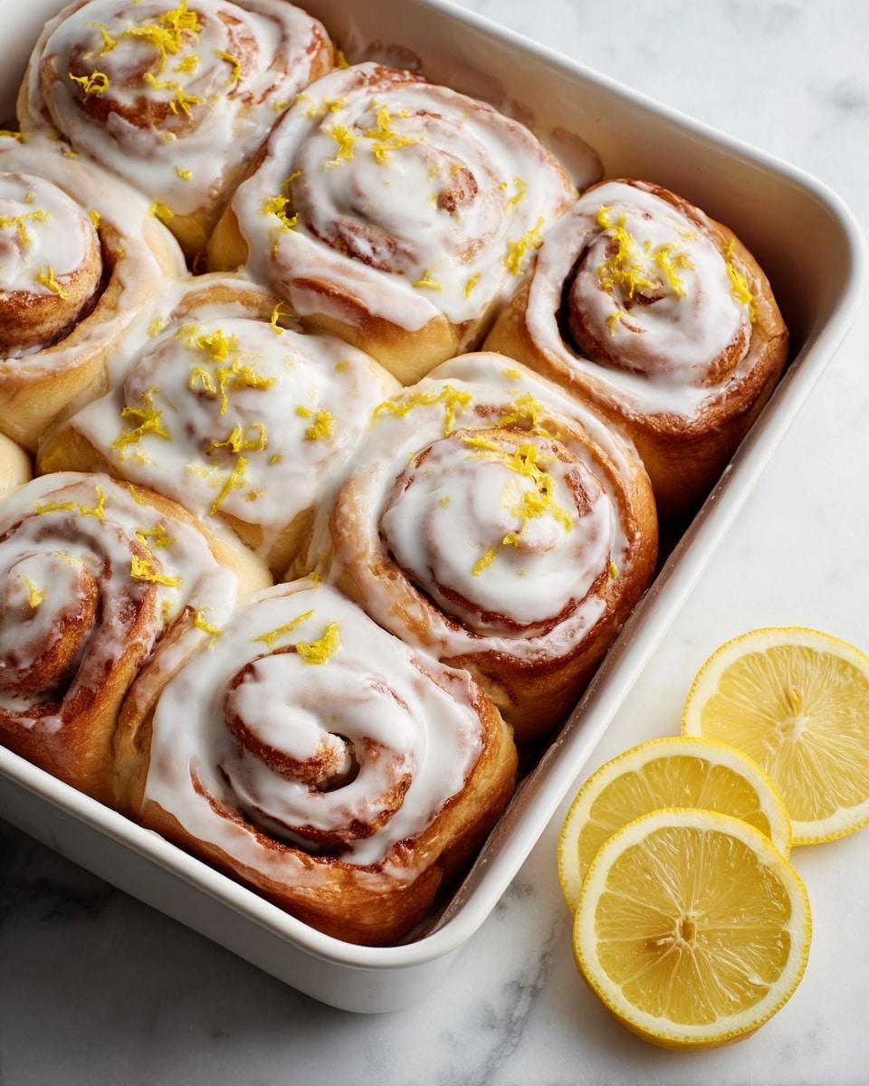 A close-up view of a baking tray filled with eight soft cinnamon rolls arranged in two rows of four, each roll topped with a thick, glossy white icing that lightly drips down the sides. The rolls have a golden-brown dough with visible swirls of cinnamon inside. Small pieces of yellow lemon zest are scattered on top of the icing, adding bright pops of color. To the left side of the tray, there are a few fresh lemon slices resting on a white marbled surface. The warm tones of the rolls contrast with the cool white background. photo taken with an iphone --ar 4:5 --v 7