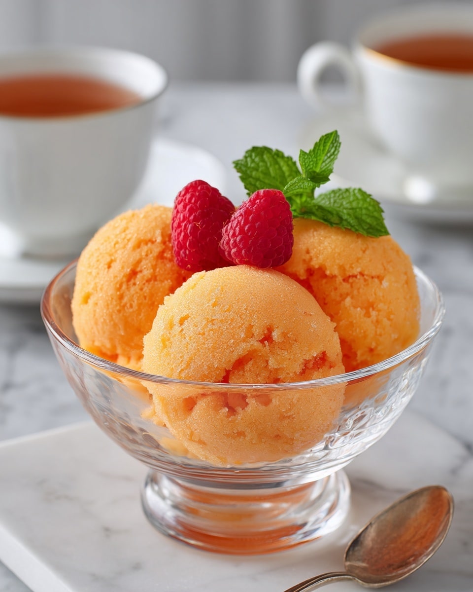 A clear glass bowl holds three smooth, round scoops of bright orange sorbet stacked closely together, with a slightly textured surface showing tiny ice crystals. Two fresh red raspberries sit on top, adding a touch of rich color, alongside a small bunch of green mint leaves positioned upright in the center, providing a fresh contrast. The bowl is set on a white marbled surface, bright and clean, with soft natural light highlighting the details. photo taken with an iphone --ar 4:5 --v 7