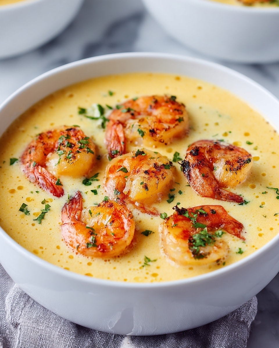 A close-up of a white bowl filled with creamy light yellow soup topped with five large cooked shrimp that are orange and white with a slight char. There are small green herb pieces sprinkled on the shrimp and in the soup. The bowl is placed on a white marbled surface with another bowl blurred in the background. photo taken with an iphone --ar 4:5 --v 7