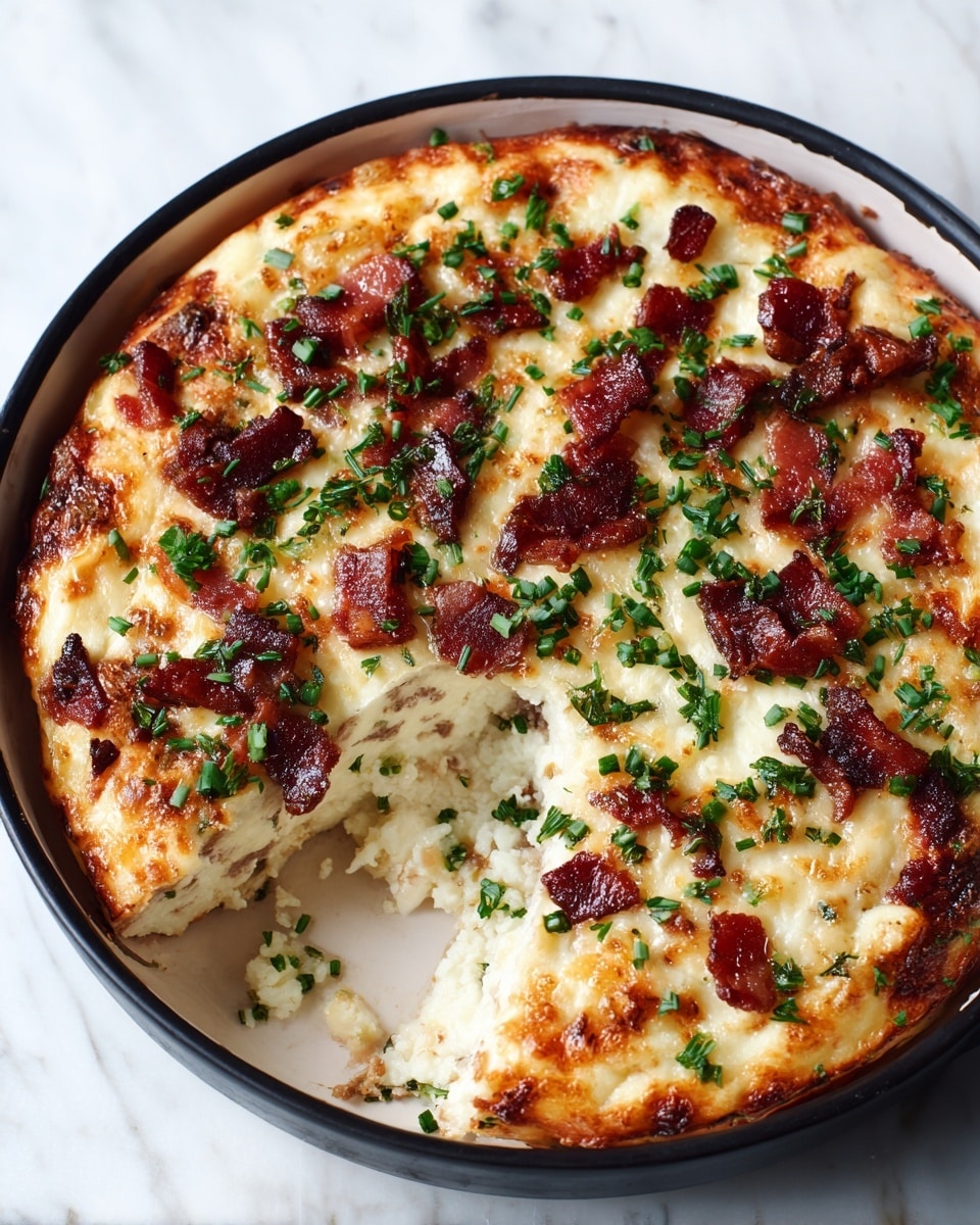 The dish is a round baked casserole in a black and white bowl, placed on a white marbled surface. The top layer is golden-brown melted cheese with crispy browned edges and scattered pieces of cooked bacon, which are dark reddish-brown and slightly crunchy. Bright green chopped herbs are sprinkled across the cheesy topping. Underneath the cheese layer, thick slices of tender, light brown cooked meat are visible, peeking out from one side where a portion has been scooped out. The textures show creamy melted cheese, crispy bacon bits, and juicy meat. Photo taken with an iphone --ar 4:5 --v 7