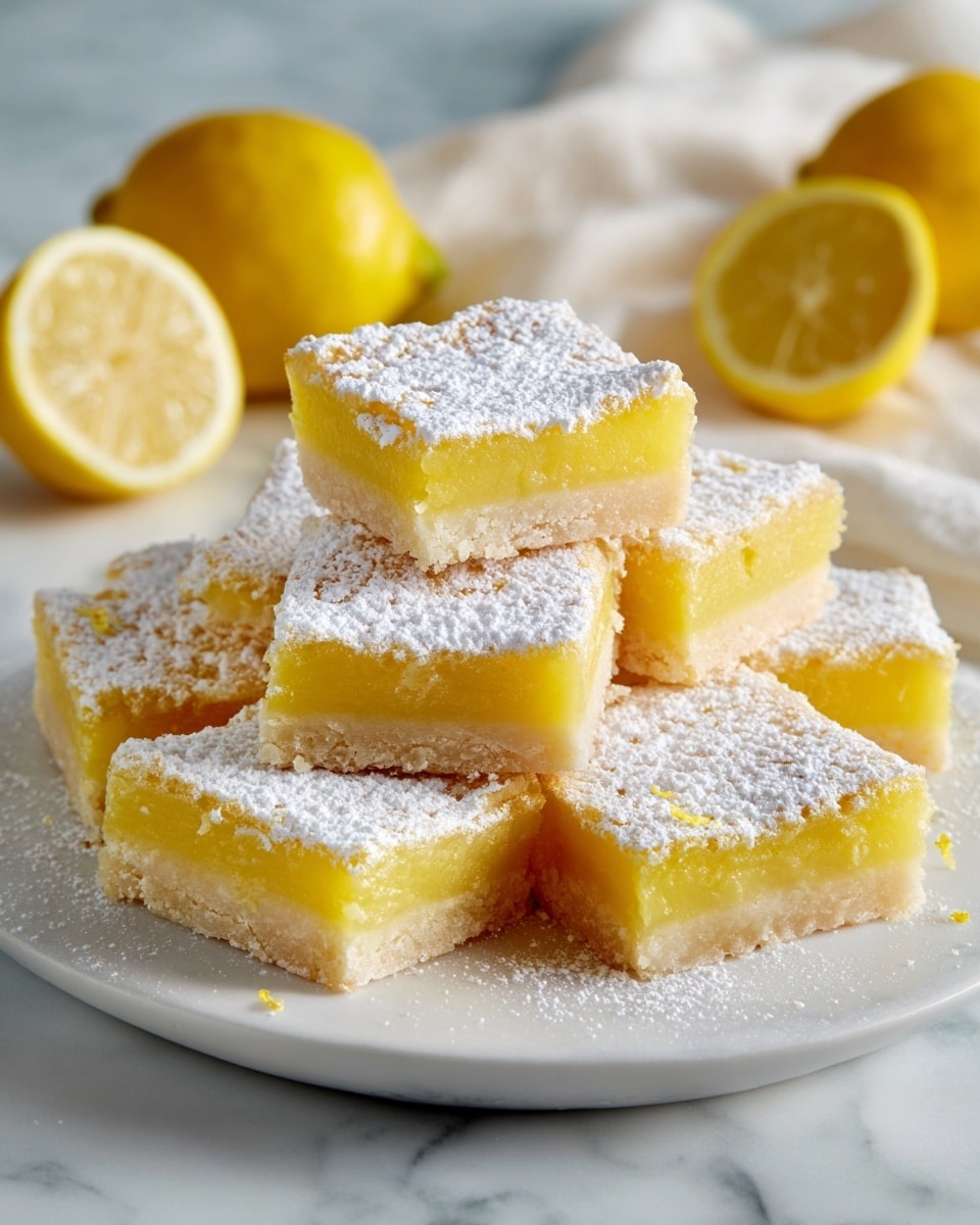 A white plate piled high with small, round, pale yellow lemon bars dusted generously with white powdered sugar on top and around the base. Each lemon bar shows two visible layers: a smooth, slightly translucent yellow layer on top and a firmer, paler yellow base layer. The plate sits on a white marbled texture, with whole and halved bright yellow lemons and a soft white cloth casually placed in the background, creating a fresh and inviting look. photo taken with an iphone --ar 4:5 --v 7