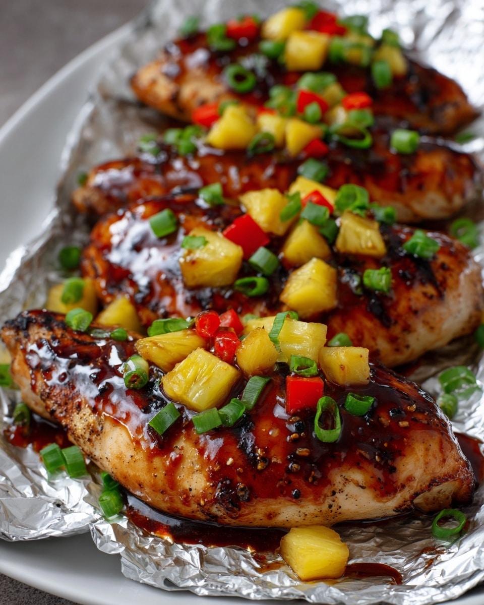 Four grilled chicken breasts with a glossy brown glaze are placed on crinkled silver foil, which rests on a white plate. Each chicken piece is topped with juicy, bright yellow pineapple chunks, small red bell pepper cubes, and sprinkled with fresh green chopped scallions. The chicken has char marks adding texture, and the sauce shines under the light, giving a fresh and delicious look. The background surface is a white marbled texture. photo taken with an iphone --ar 4:5 --v 7